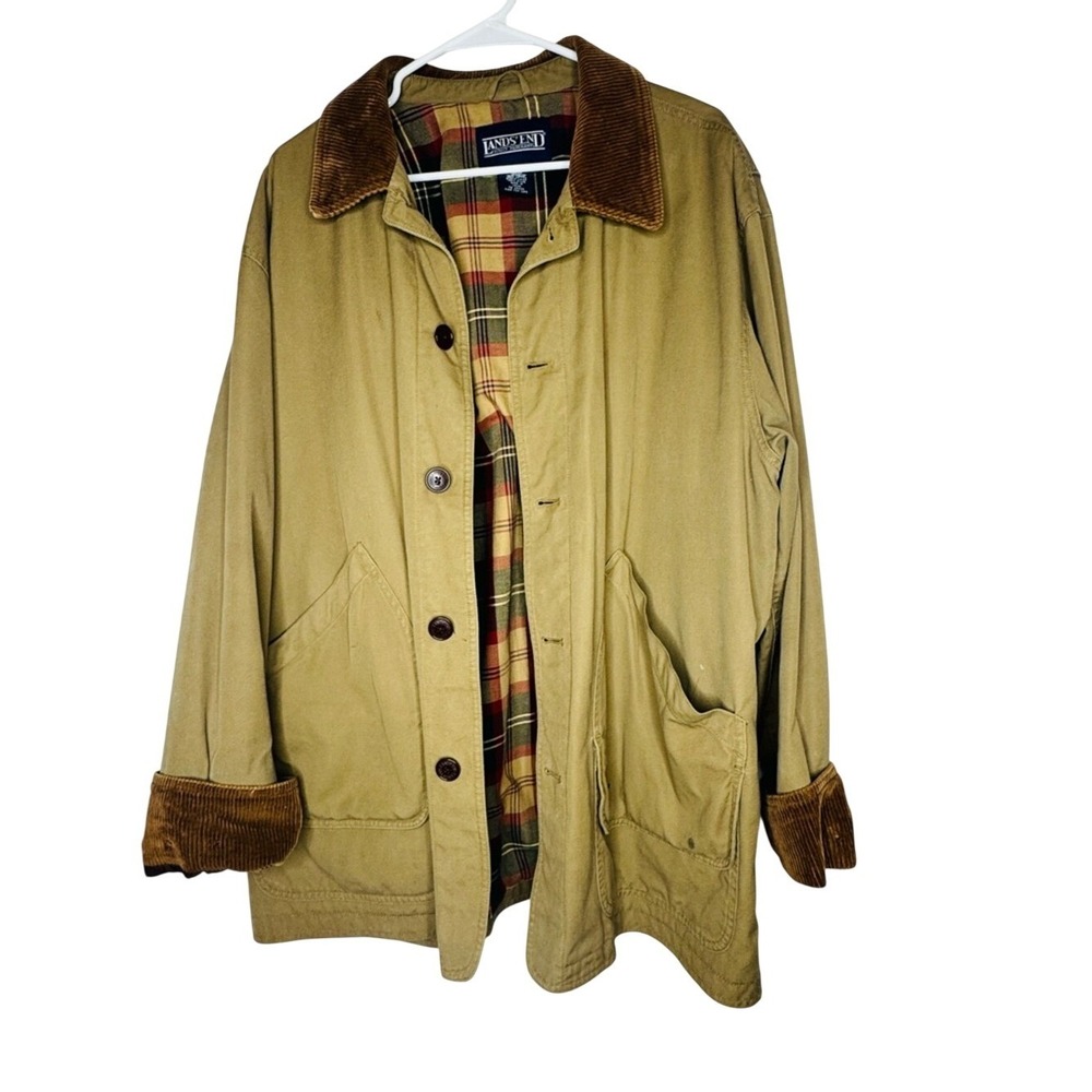 Lands End Mens Chore Barn Ranch Jacket Brown Corduroy‎ Plaid Lining Sz 42-44